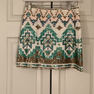 Miami  White Mini Skirt with Teal, Blue and Gold Sequin Geometric Pattern